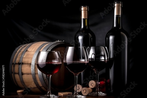 Ambience of Luxury. Red Wine Bottle and Glass on Table black Background