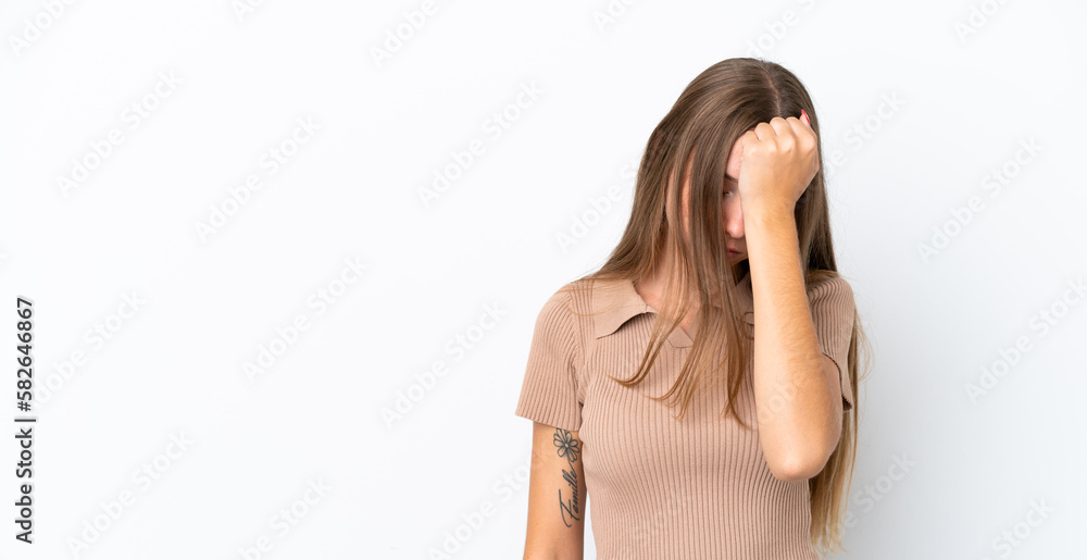 Young Lithuanian woman isolated on white background with headache Young Lithuanian woman isolated on white background with headache