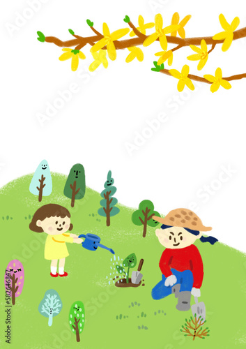 family planting in the park in spring