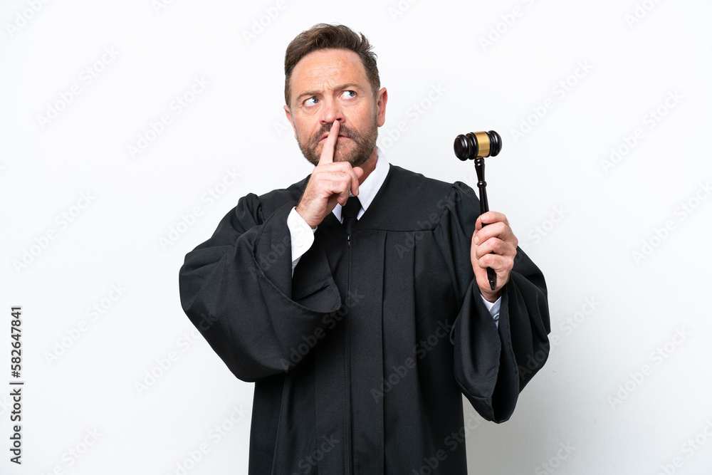 Middle age judge man isolated on white background having doubts while looking up Middle age judge man isolated on white background having doubts while looking up