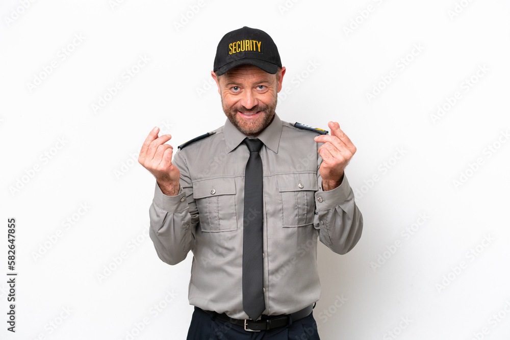 Middle age security man isolated on white background making money gesture Middle age security man isolated on white background making money gesture