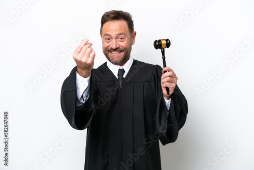 Middle age judge man isolated on white background making money gesture