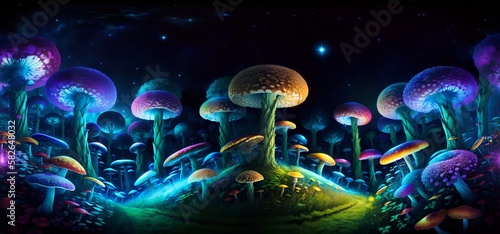 Photo of a colorful painting featuring a variety of mushrooms photo