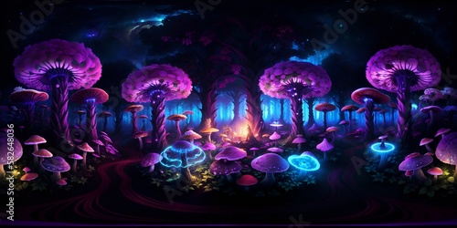 Colorful painting featuring a variety of mushrooms. 3d illustration. ai generative technology vr ready, virtualrealityart.