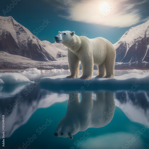 Polar bear on the ice block in the Arctic Circle. Wildlife nature scene. Generative AI.