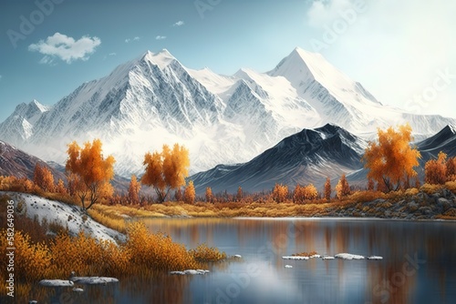 Autumn foliage with snowy mountains on background.