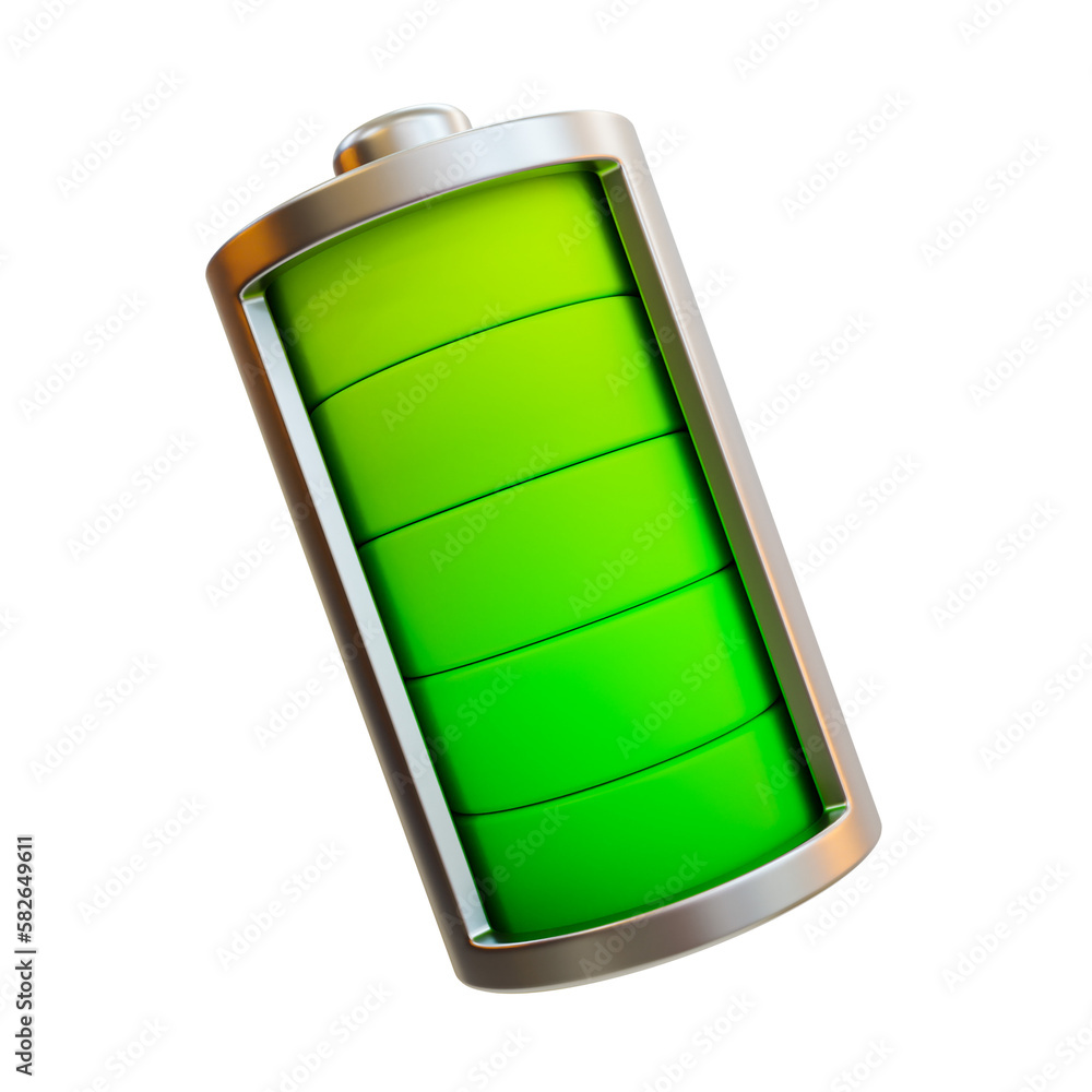 3d minimal battery status icon. green energy charging. full power tube. Battery at full level. 3d illustration. - obrazy, fototapety, plakaty 