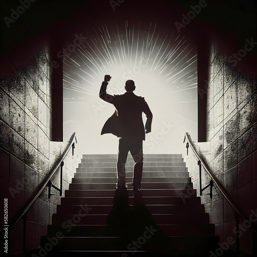Businessman Silhouette Celebrating Success on Stairs with Overhead Sunlight: A Symbol of Leadership, Achievement, and Growth towards Goals and Objectives 