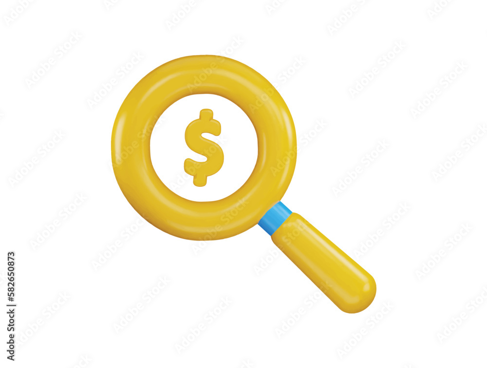 A yellow magnifying glass with a dollar symbol on it icon with 3d vector icon illustration A yellow magnifying glass with a dollar symbol on it icon with 3d vector icon illustration