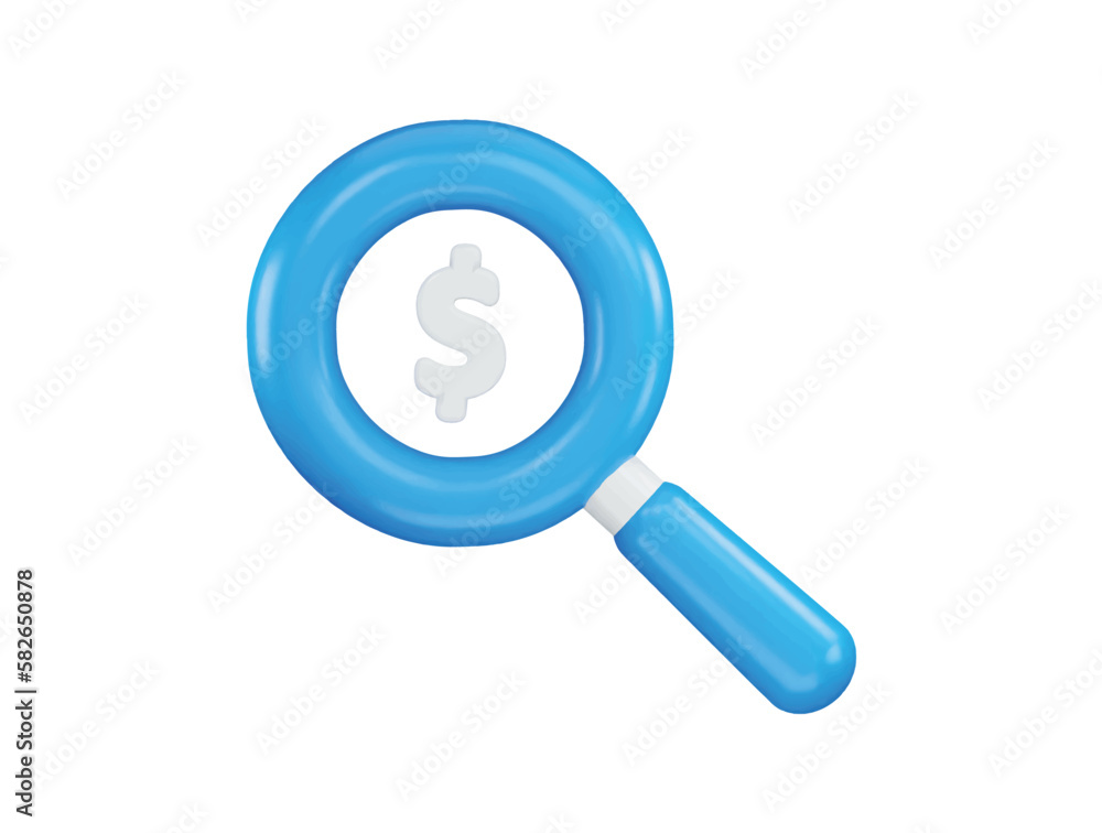 Blue magnifying glass with a dollar sign on it icon with 3d vector icon illustration Blue magnifying glass with a dollar sign on it icon with 3d vector icon illustration