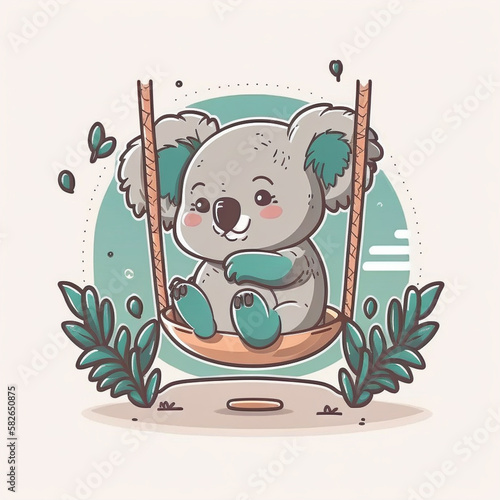 Koalas play swings, cute animals, illustrations, premium vector art, flat cartoon designs. Suitable for advertising design, comics, cards, books, presentations, Generative AI photo