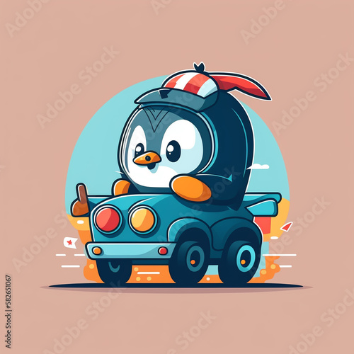 Penguin driving cars, cute animals, illustrations, premium vector art, flat cartoon designs. Suitable for advertising design, comics, cards, books, presentations, Generative AI
