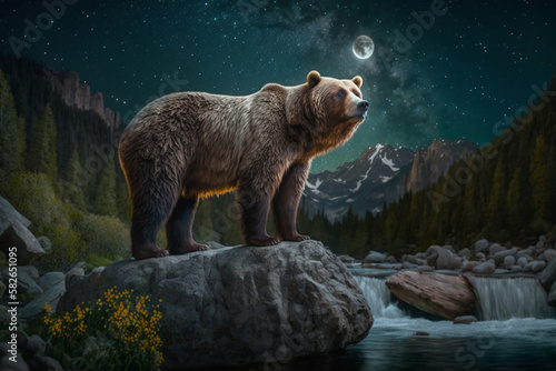 brown bear on the rock at night