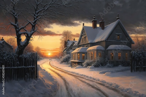 Sunset in the village in winter