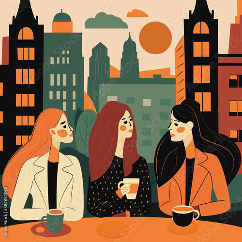 Three girls friend sitting together and drinking coffee editorial illustration.	