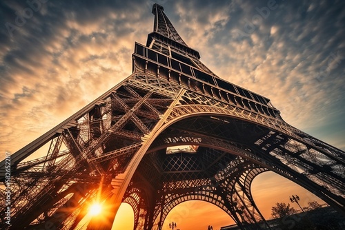Eiffel Tower at Sunset: Iconic Parisian Monument against a Stunning Sky, Generative AI © Digital Dreamscape