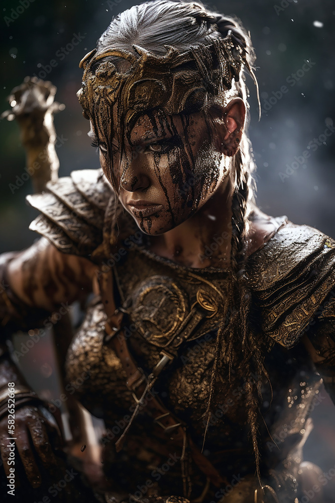 Portrait of an ancient female viking warrior with blonde hair, metal ...