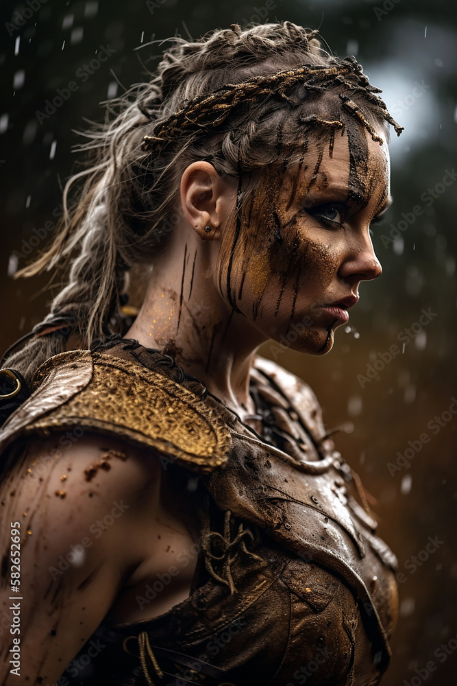 Portrait of an ancient female viking warrior with blonde hair, metal ...