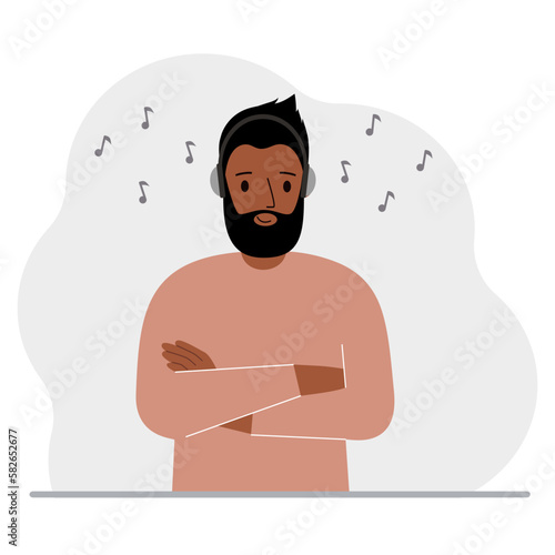 A man in headphones listens to music. Podcast and hobby concept. Character for decor, design and print.