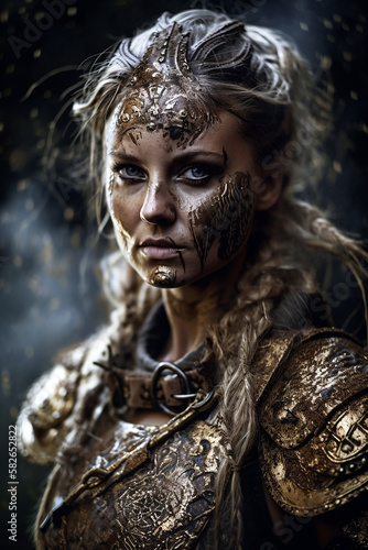 Portrait of an ancient female viking warrior with blonde hair, metal and leather armor stained with mud and blood. Fantasy wallpaper, cover design and poster created with Generative AI