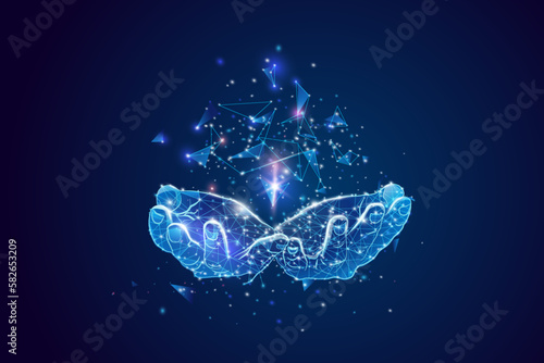 Abstract giving hand. Low poly style design. Wireframe light connection structure. Isolated vector illustration.