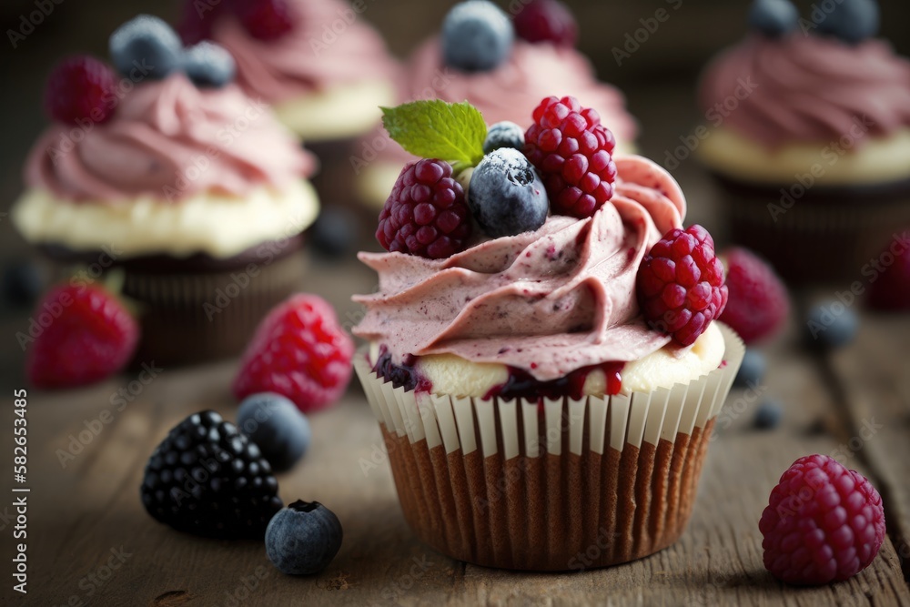 Cupcakes with a raspberry frosting and fresh berries. Generative Ai