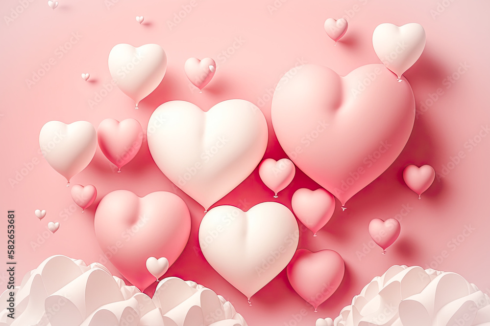 Heart shaped balloons with pastel pink and white colors. Mother's Day and Valentine's, weddings concept. Romantic banner for love cards, invitations. Generative AI 3D illustration with copy space.