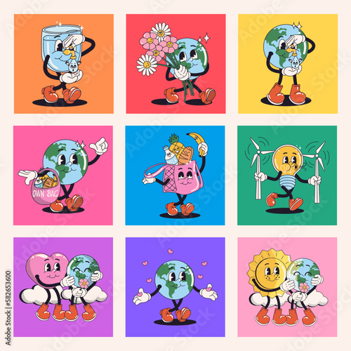 Collage retro cartoon stickers with funny comic characters, gloved hands. Modern illustration with cute comics characters. Hand drawn doodles eco save planet concept. Set in trendy cartoon style