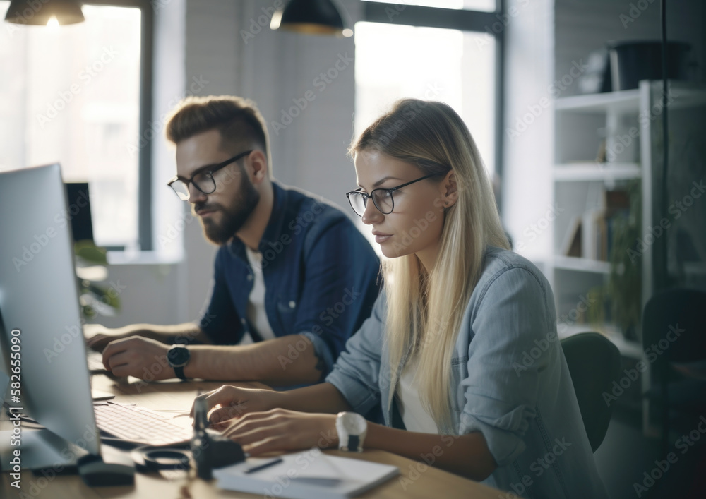 Business situation visualized in a bright office environment in a busy workplace Business situation visualized in a bright office environment in a busy workplace