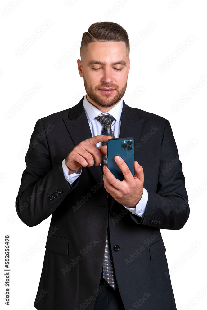 Businessman working with smartphone, smiling isolated over white Businessman working with smartphone, smiling isolated over white