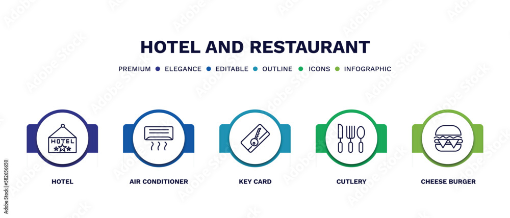 set of hotel and restaurant thin line icons. hotel and restaurant outline icons with infographic template. linear icons such as hotel, air conditioner, key card, cutlery, cheese burger vector. set of hotel and restaurant thin line icons. hotel and restaurant outline icons with infographic template. linear icons such as hotel, air conditioner, key card, cutlery, cheese burger vector.