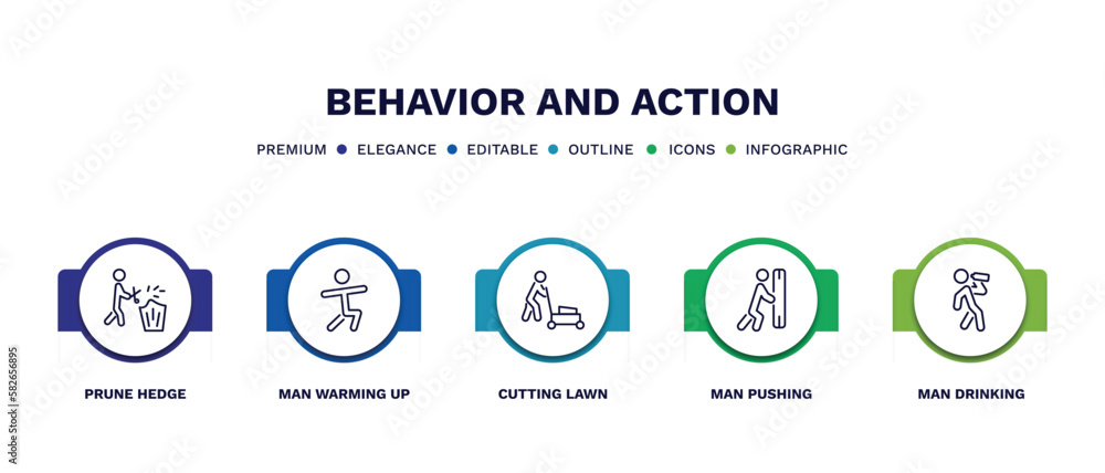 set of behavior and action thin line icons. behavior and action outline icons with infographic template. linear icons such as prune hedge, man warming up, cutting lawn, man pushing, man drinking