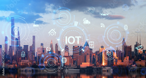 New York cityscape, IOT with glowing icons and business technology