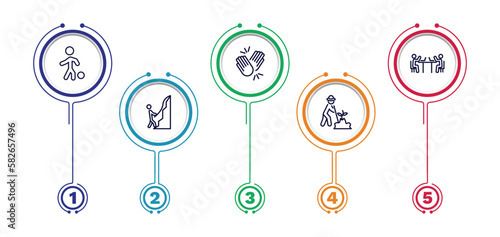 set of humans and behavior thin line icons. humans and behavior outline icons with infographic template. linear icons such as playing with a ball, high five, public work, mountain climb, gardener