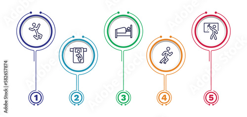 set of behavior and action thin line icons. behavior and action outline icons with infographic template. linear icons such as stick man jumping, laying in bed, window cleaning, man sleeping, man