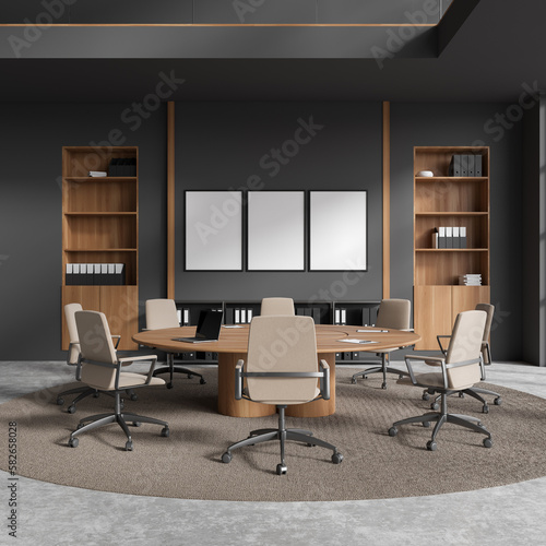 Modern office room interior with meeting table and shelf. Mockup frames
