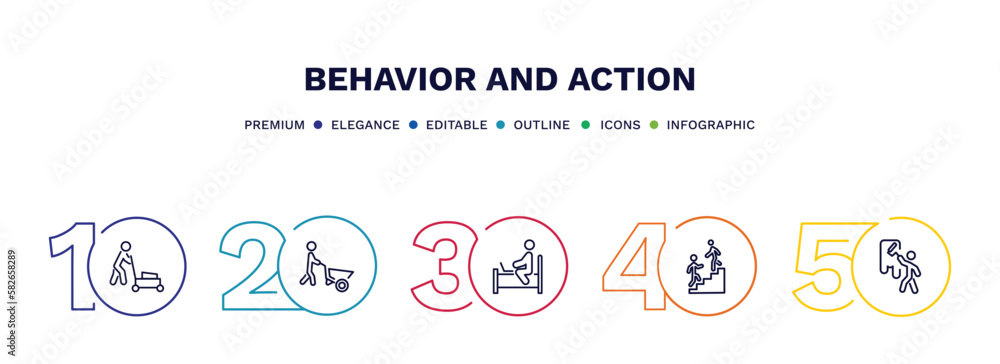 set of behavior and action thin line icons. behavior and action outline icons with infographic template. linear icons such as cutting lawn, man wirth carry, laptop chatting on bed, helping a man to set of behavior and action thin line icons. behavior and action outline icons with infographic template. linear icons such as cutting lawn, man wirth carry, laptop chatting on bed, helping a man to