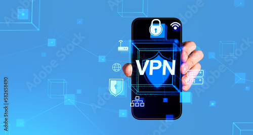 Man hand with phone, VPN hologram and cybersecurity, anonymous connection