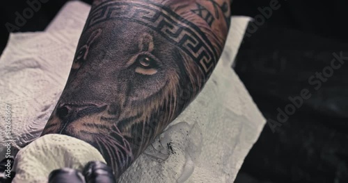 Close up tattoo artist shows the process of getting black tattoos with paint. The master works in black sterile gloves. Master tattoo artist in studio.