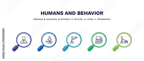 set of humans and behavior thin line icons. humans and behavior outline icons with infographic template. linear icons such as businessman with tie, cpr, nature photographer, classroom, hotel