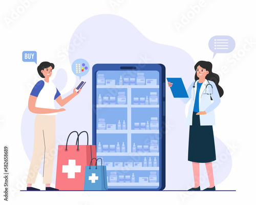 Pharmacy Store Concept. Doctor Pharmacist in Online Drugstore and customer purchase medicines with phone, online payment.