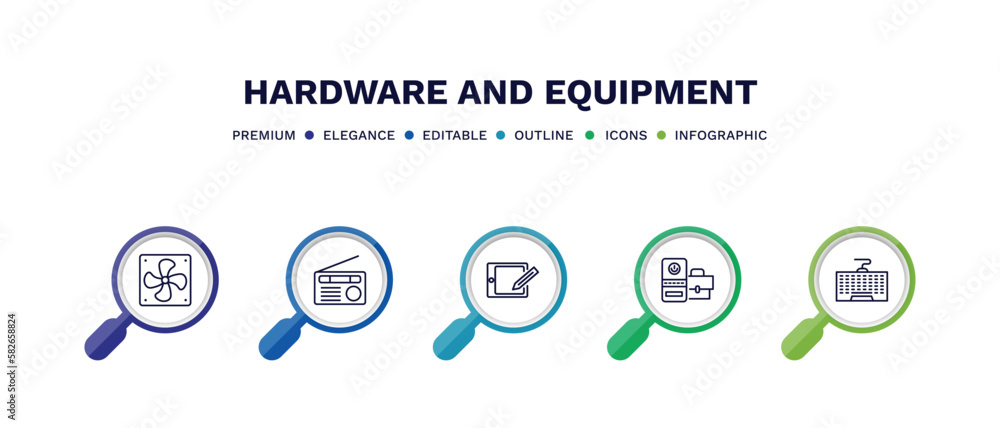 set of hardware and equipment thin line icons. hardware and equipment outline icons with infographic template. linear icons such as computer fan, fm radio, wacom, device manager, keyboard wire set of hardware and equipment thin line icons. hardware and equipment outline icons with infographic template. linear icons such as computer fan, fm radio, wacom, device manager, keyboard wire