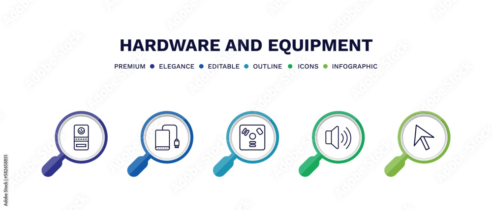 set of hardware and equipment thin line icons. hardware and equipment outline icons with infographic template. linear icons such as computer case, external hard drive, firewire, loudspeakers, mouse set of hardware and equipment thin line icons. hardware and equipment outline icons with infographic template. linear icons such as computer case, external hard drive, firewire, loudspeakers, mouse