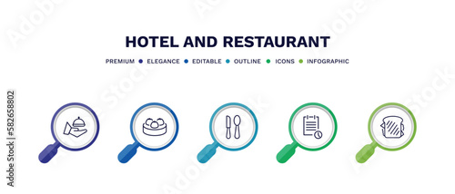 set of hotel and restaurant thin line icons. hotel and restaurant outline icons with infographic template. linear icons such as room service, dim sum, eating utensils, reservation, sandwich vector.