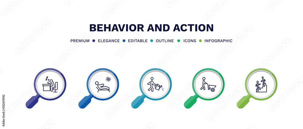 set of behavior and action thin line icons. behavior and action outline icons with infographic template. linear icons such as man snoozing, man sunbathing, watering plants, man wirth carry, helping set of behavior and action thin line icons. behavior and action outline icons with infographic template. linear icons such as man snoozing, man sunbathing, watering plants, man wirth carry, helping