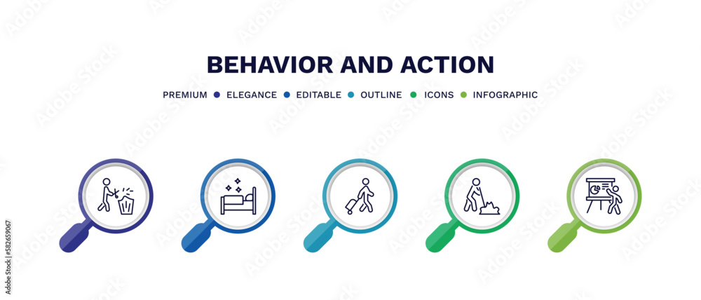 set of behavior and action thin line icons. behavior and action outline icons with infographic template. linear icons such as prune hedge, making the bed, man travelling, man digging, presentation set of behavior and action thin line icons. behavior and action outline icons with infographic template. linear icons such as prune hedge, making the bed, man travelling, man digging, presentation
