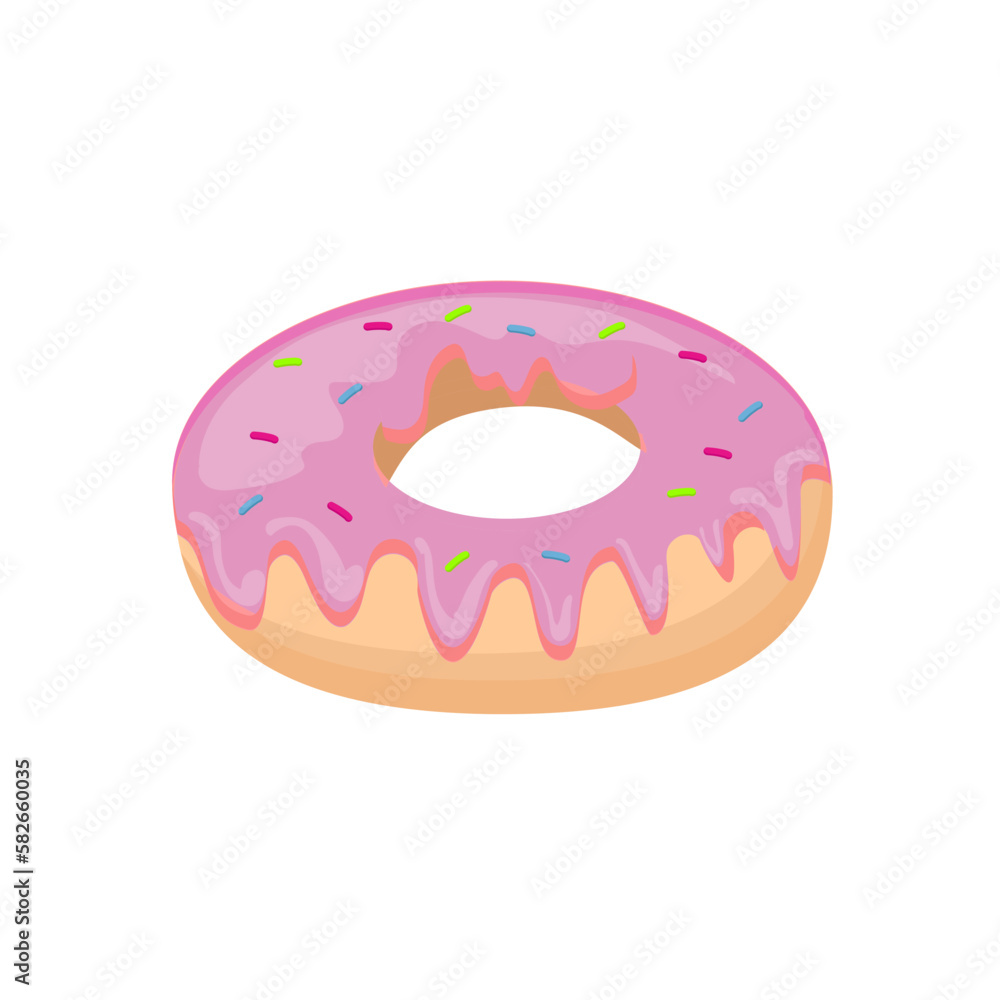 Cartoon colorful tasty donut isolated on white background. Glazed doug