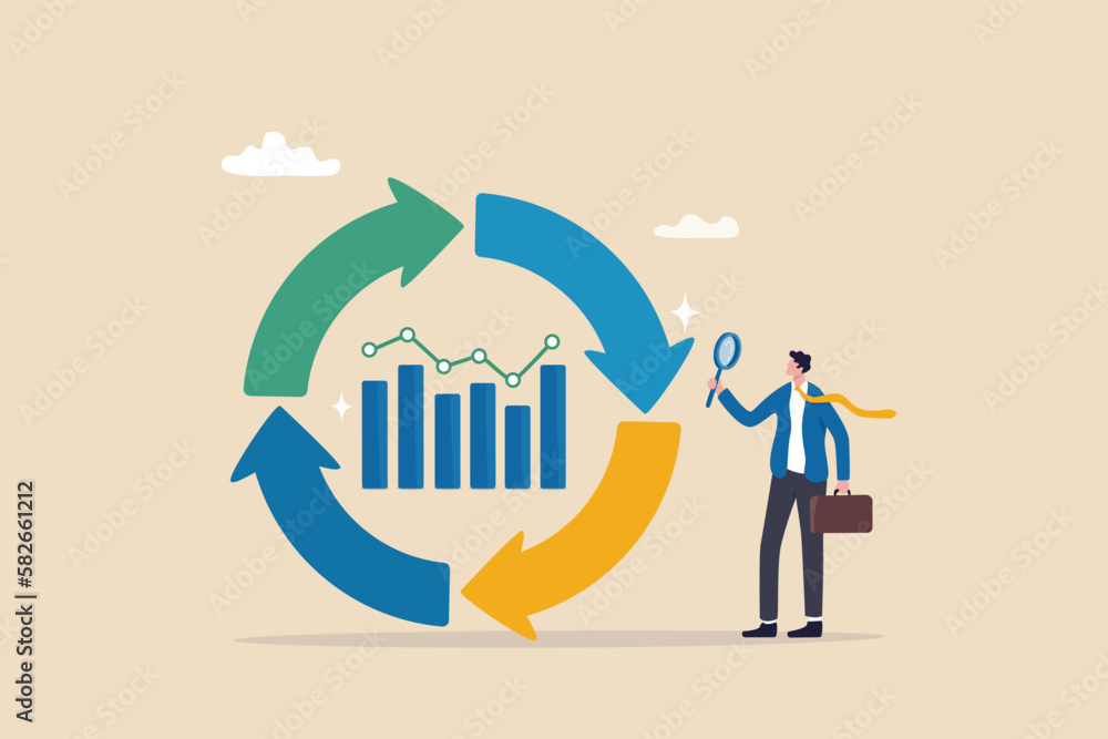 Economic cycle to study up and down on stock market, booming or recession, business cycle for marketing, statistic or data analysis concept, businessman with magnifier on economic cycle diagram. - obrazy, fototapety, plakaty 