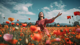 A Asian woman in a field of flowers with a sky background. Generative AI