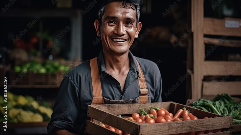 A Asian man holding a box of tomatoes in a market, Generative AI